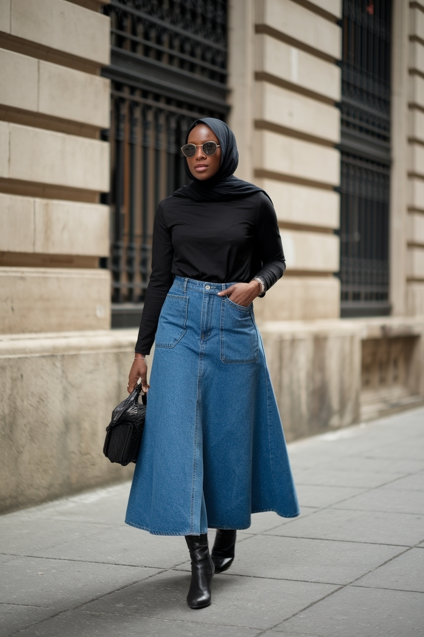 Denim Skirt Outfit Black Women Hijab: Stylish Modesty outfit idea