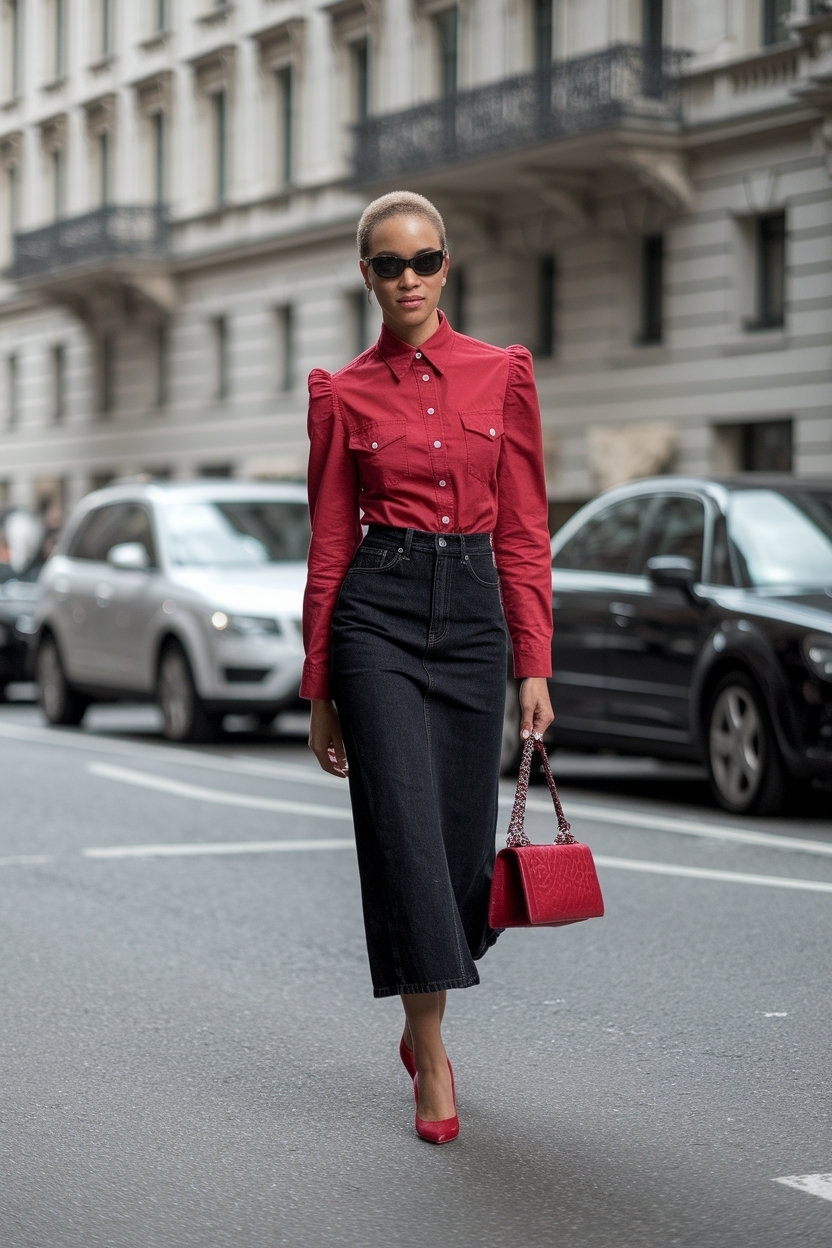 Denim Skirt Outfit Black Women: Embracing Bold Red Styles outfit idea