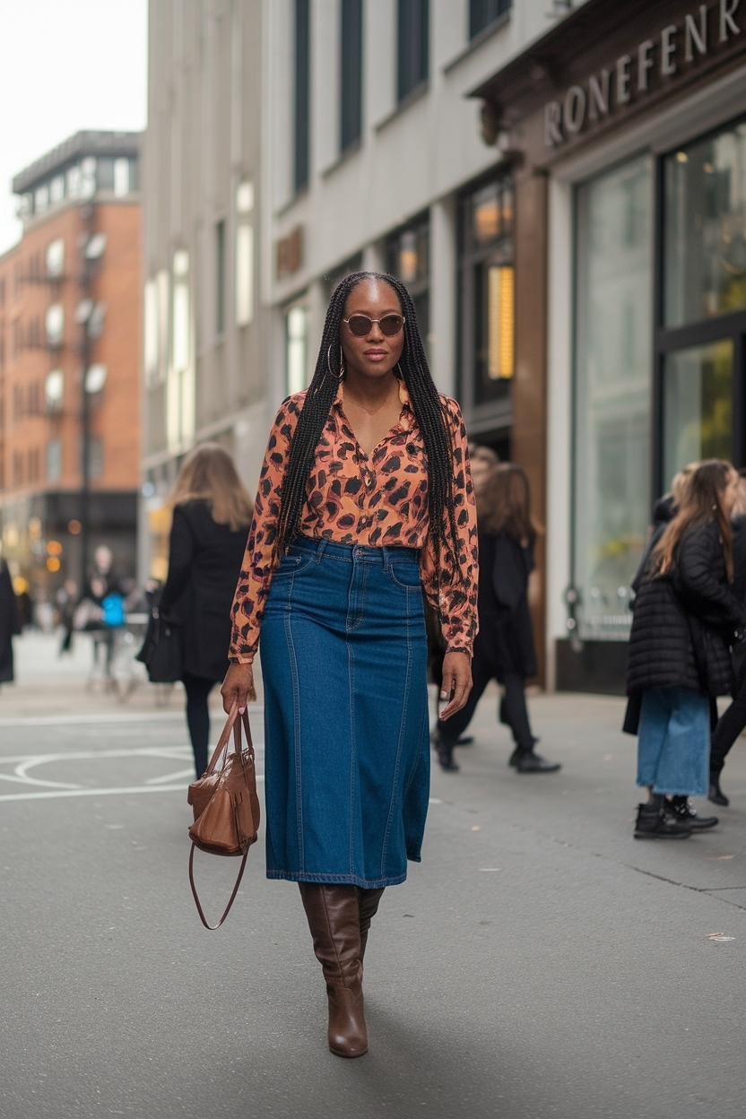 Denim Skirt Outfit Black Women with Boot: Trendy Combinations outfit idea