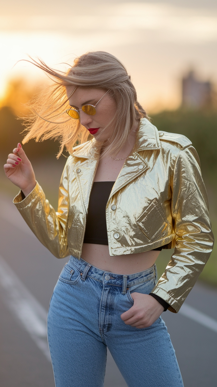 Styling Gold Jacket Outfit Metallic for Fall outfit idea