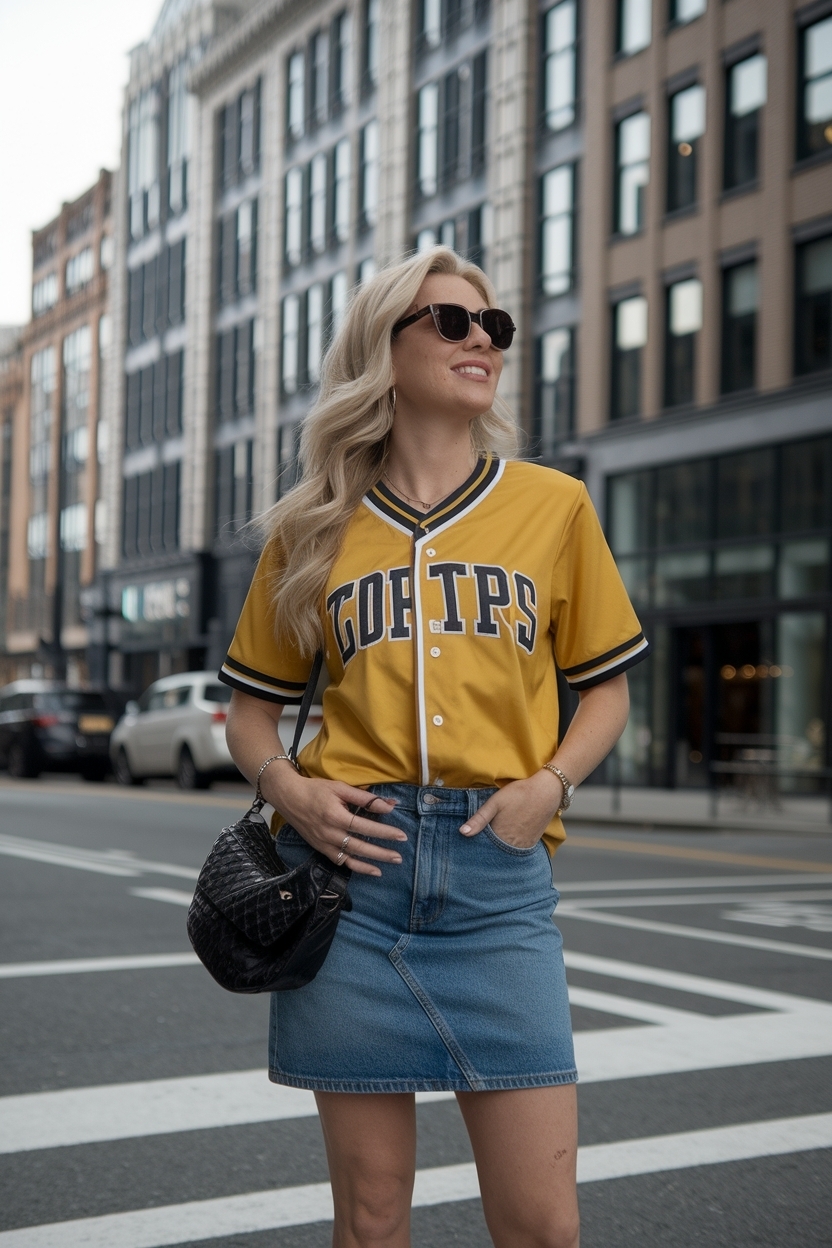 Jersey Outfit Women with Denim Skirt: Sporty Chic Look outfit idea