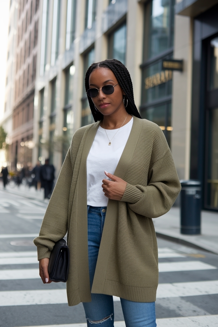 Khaki Cardigan Outfit Black Women: Neutral Chic Essentials outfit idea