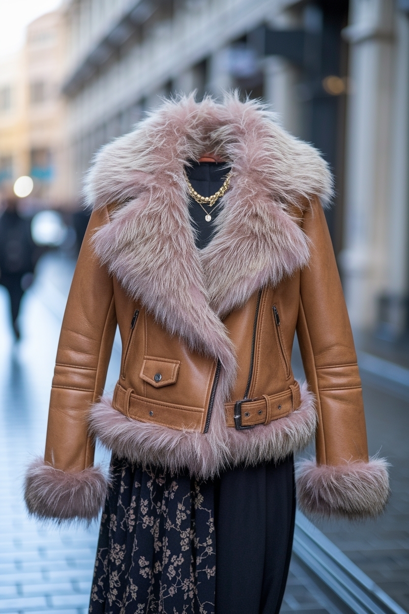 Creative Leather Jacket with Fur Outfit Ideas for Winter outfit idea