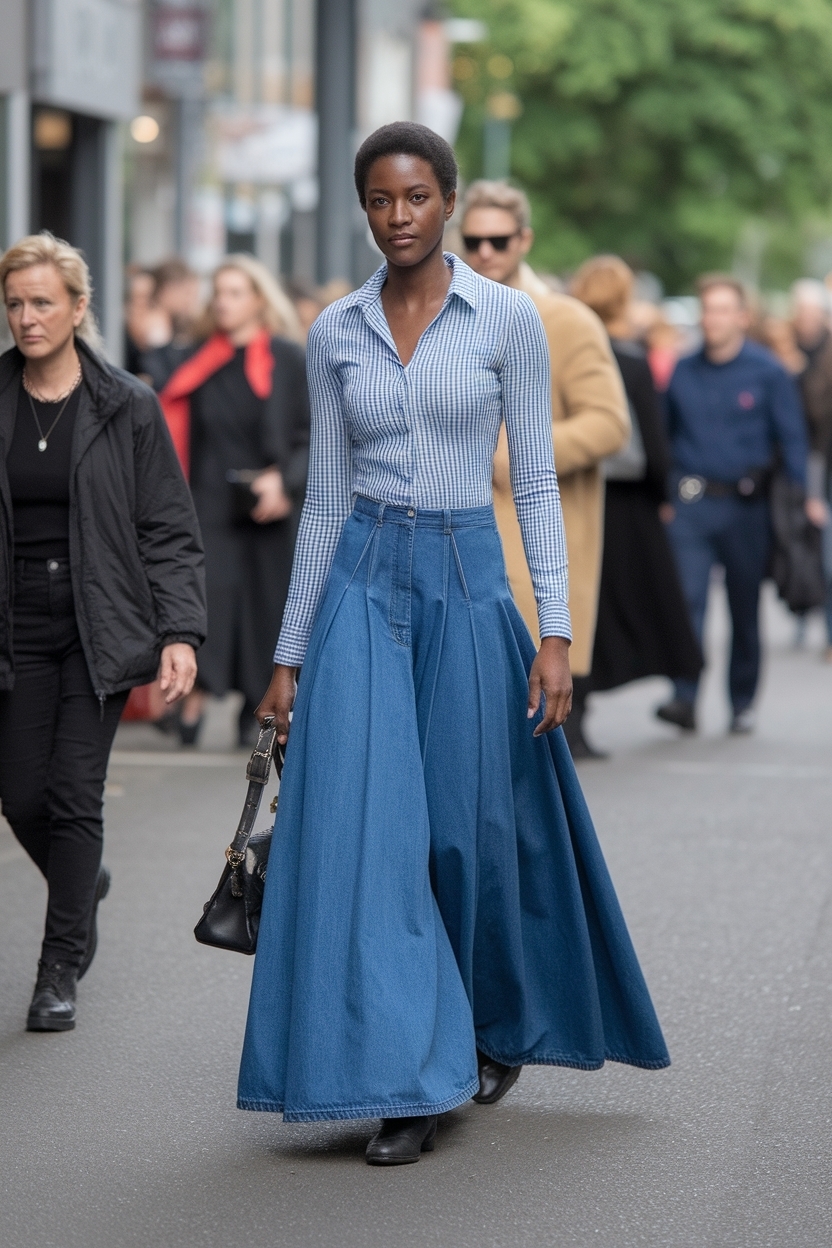 Chic Long Blue Denim Skirt Outfit for Black Women outfit idea