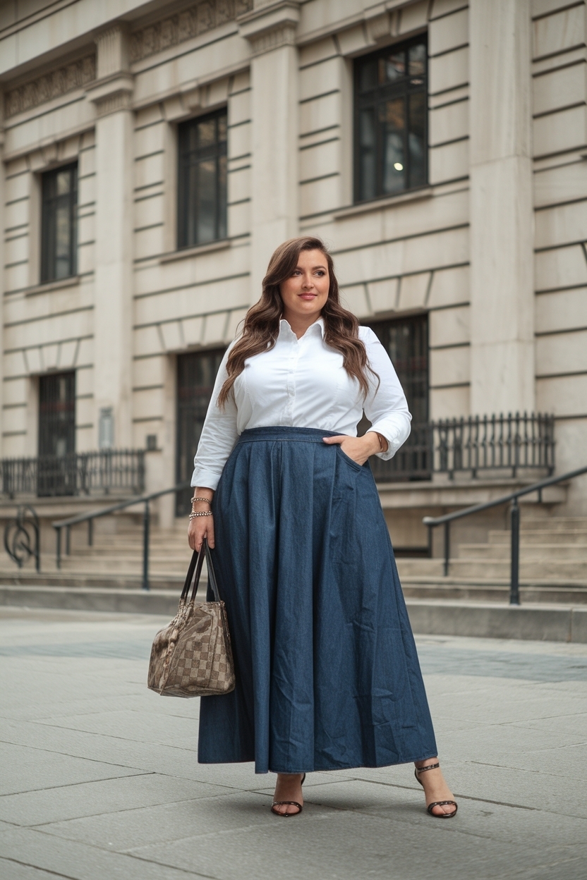 Flattering Long Denim Skirt Outfit Plus Size Women outfit idea