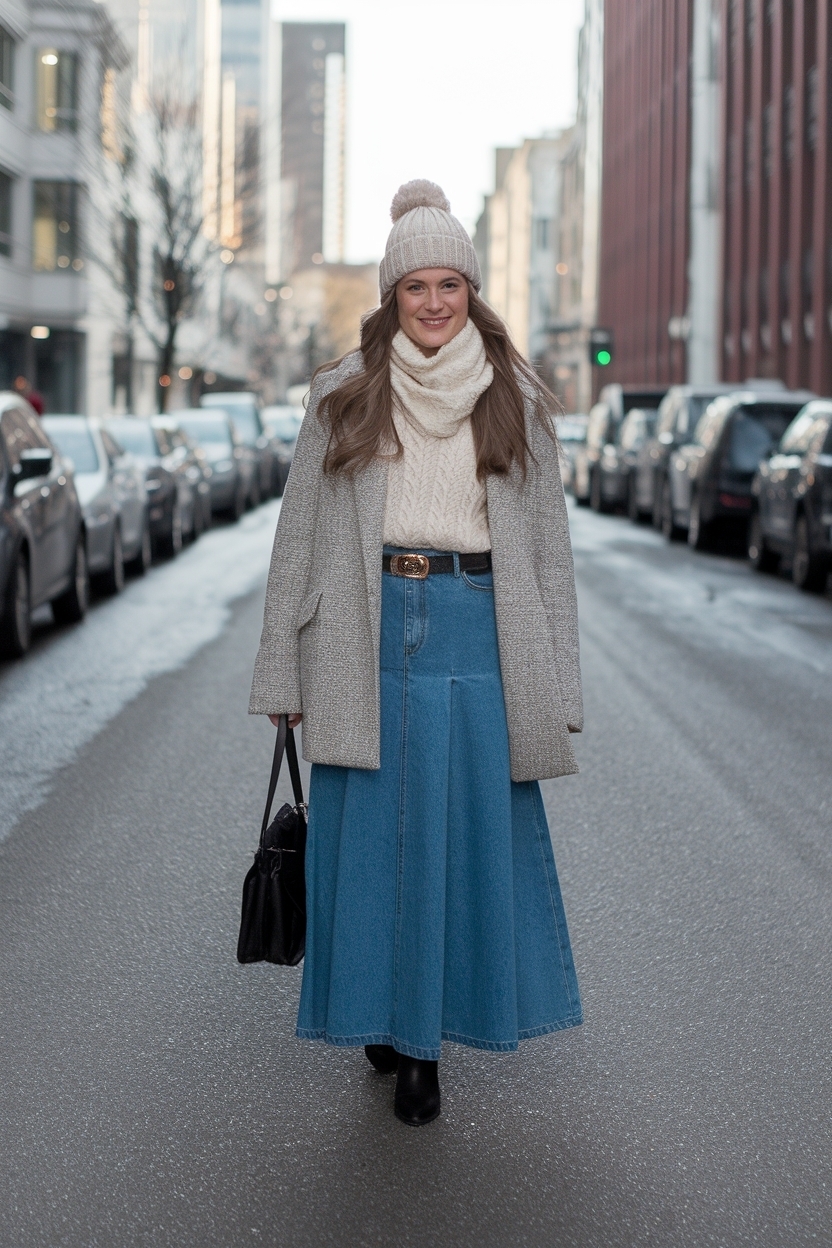 Long Denim Skirt Winter Outfit: Layering for Warmth outfit idea