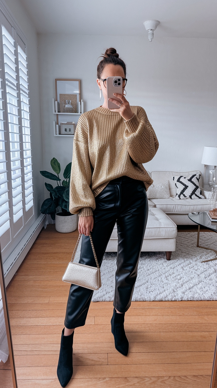 Glam Up with a Metallic Gold Sweater Outfit outfit idea