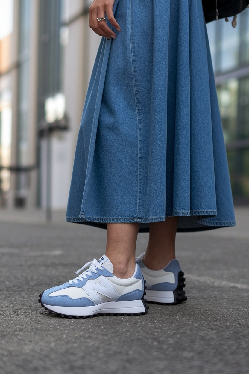 new balance 327 women outfit denim skirt styling tips outfit idea