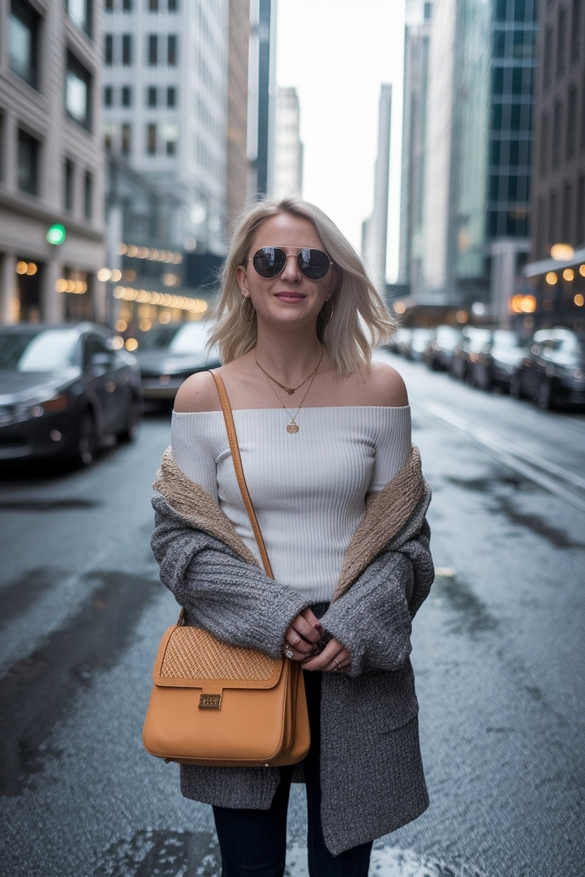 Off the Shoulder Top Outfit Winter Styling Tips outfit idea