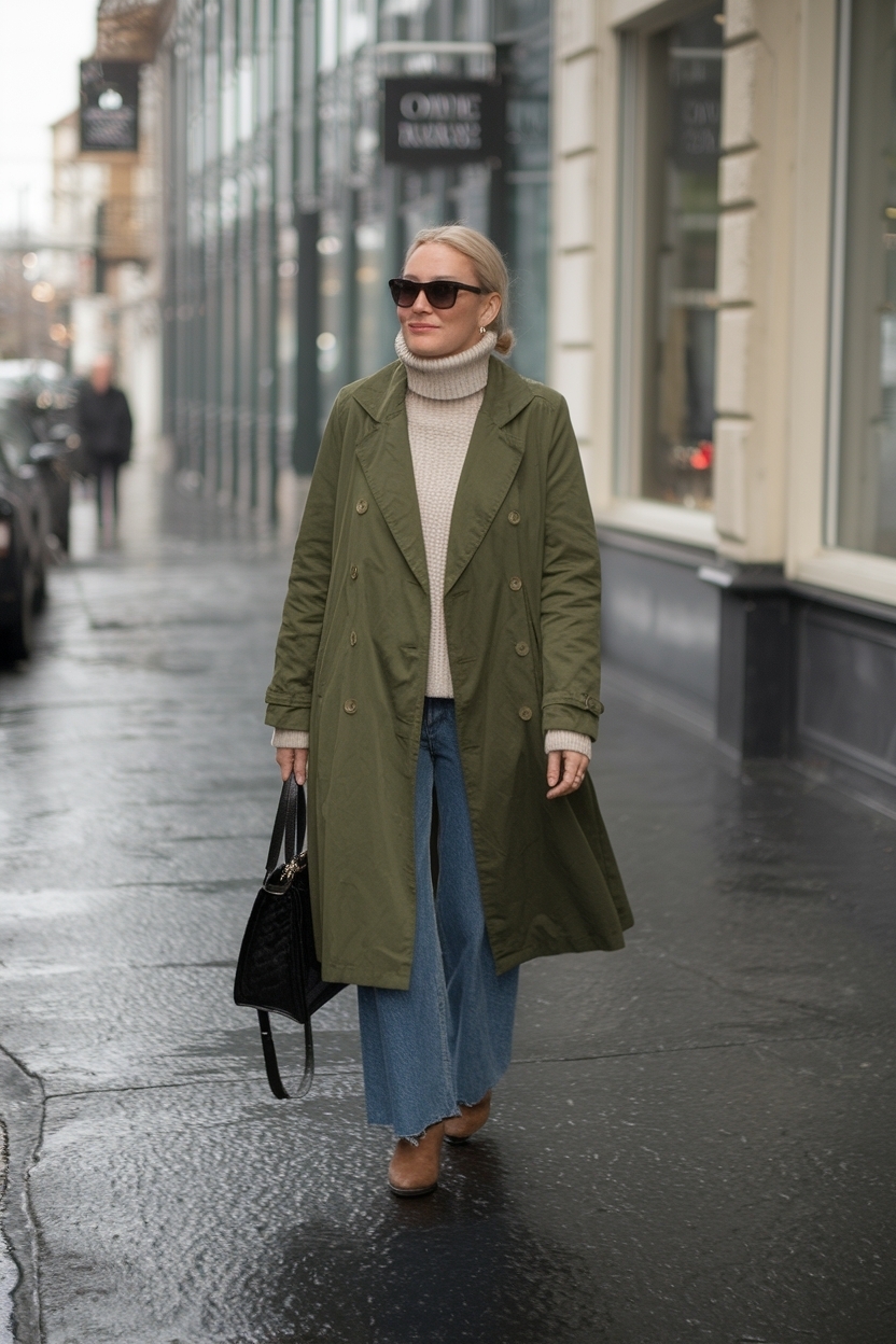Olive Green Coat Outfit Winter for a Trendy Layering Option outfit idea