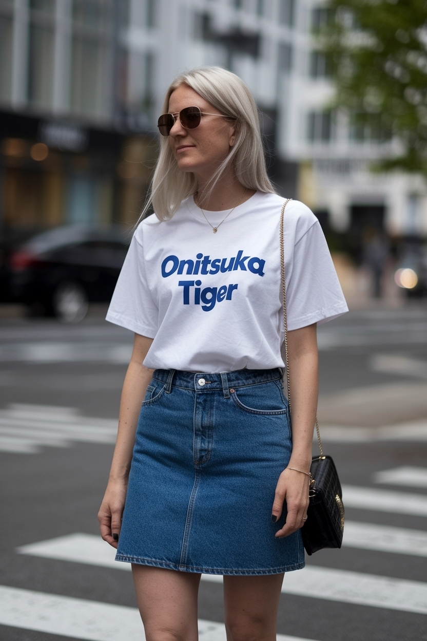 onitsuka tiger women outfit denim skirt for casual chic outfit idea