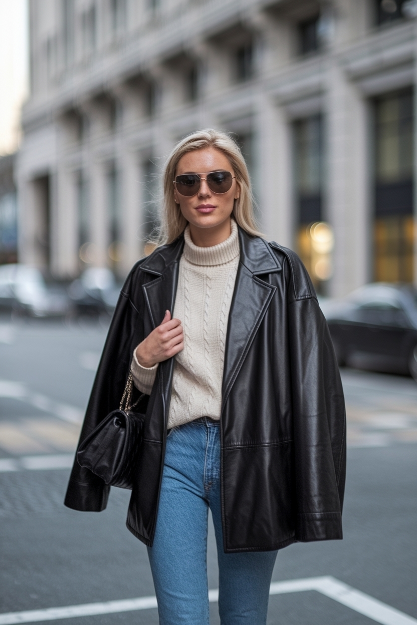 Over Sized Leather Jacket Outfit Women: Effortlessly Cool outfit idea