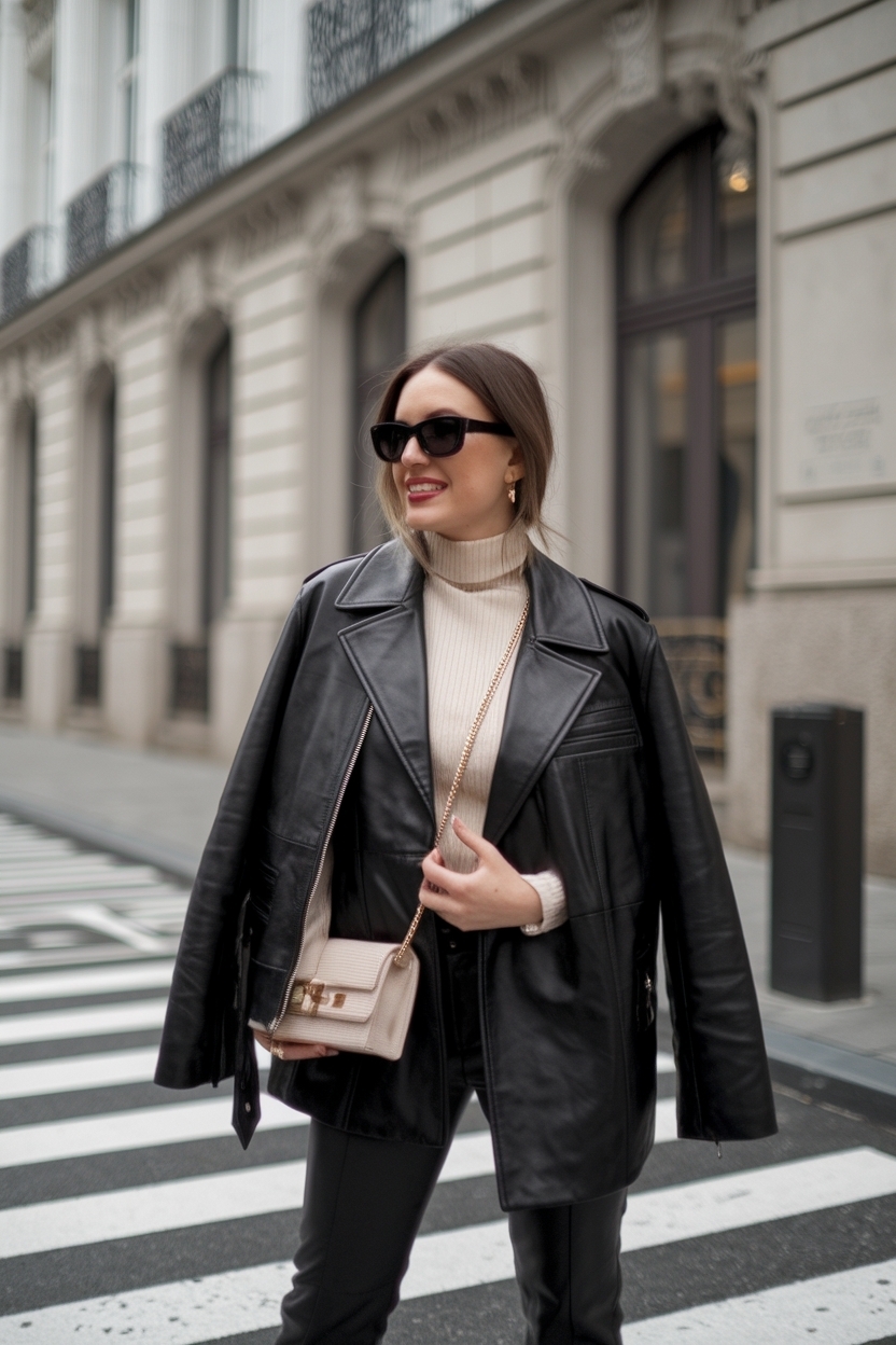 Oversize Black Leather Jacket Outfit Women: Chic and Comfortable outfit idea