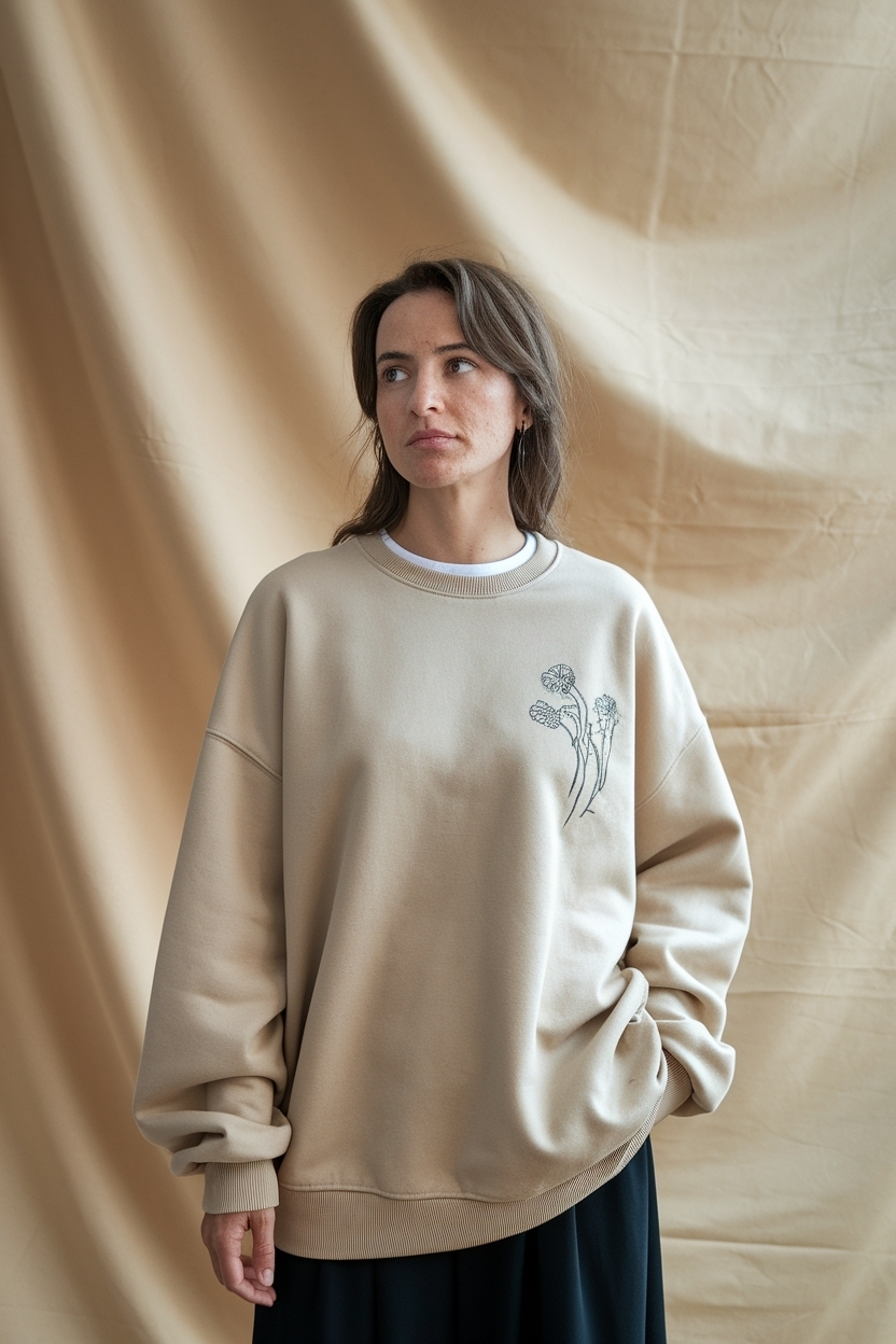 Oversized Beige Sweatshirt with Embroidered Details outfit idea