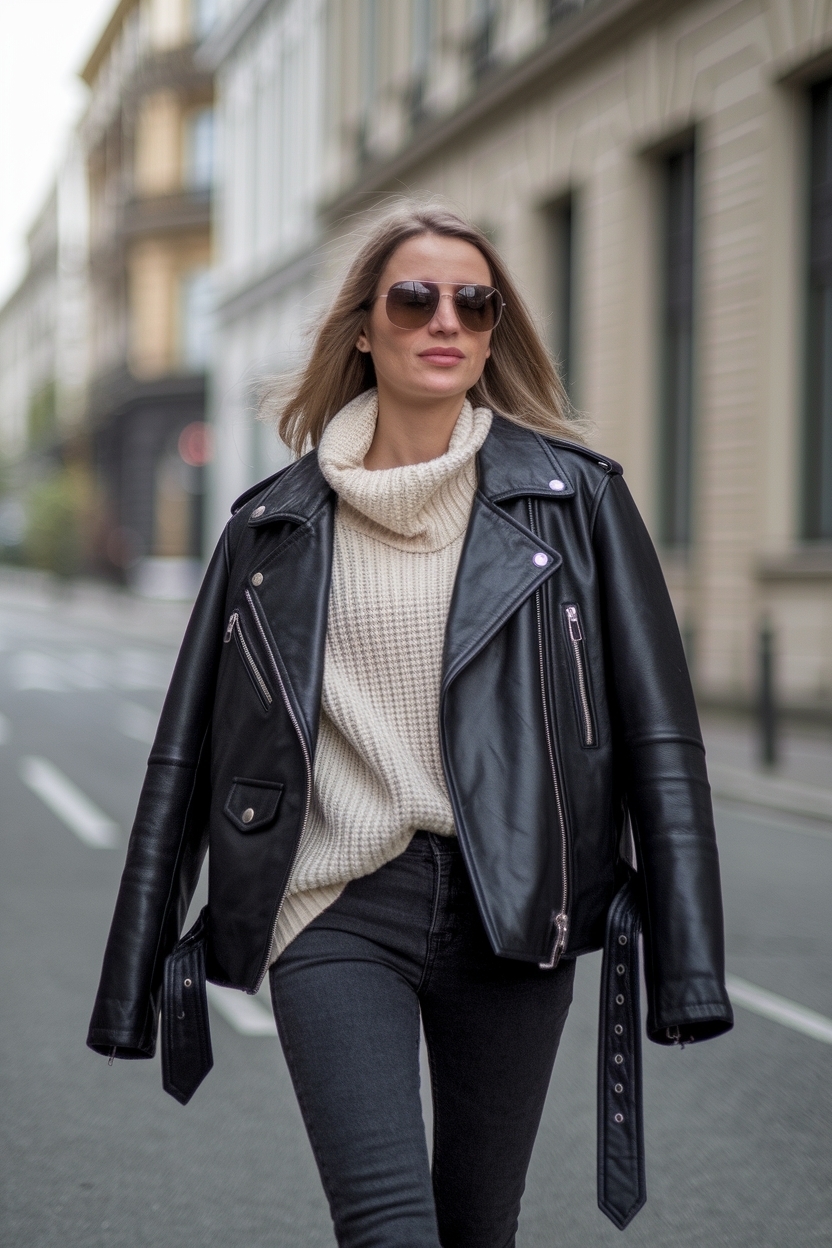 Oversized Biker Leather Jacket Outfit Women: Edgy Vibes outfit idea