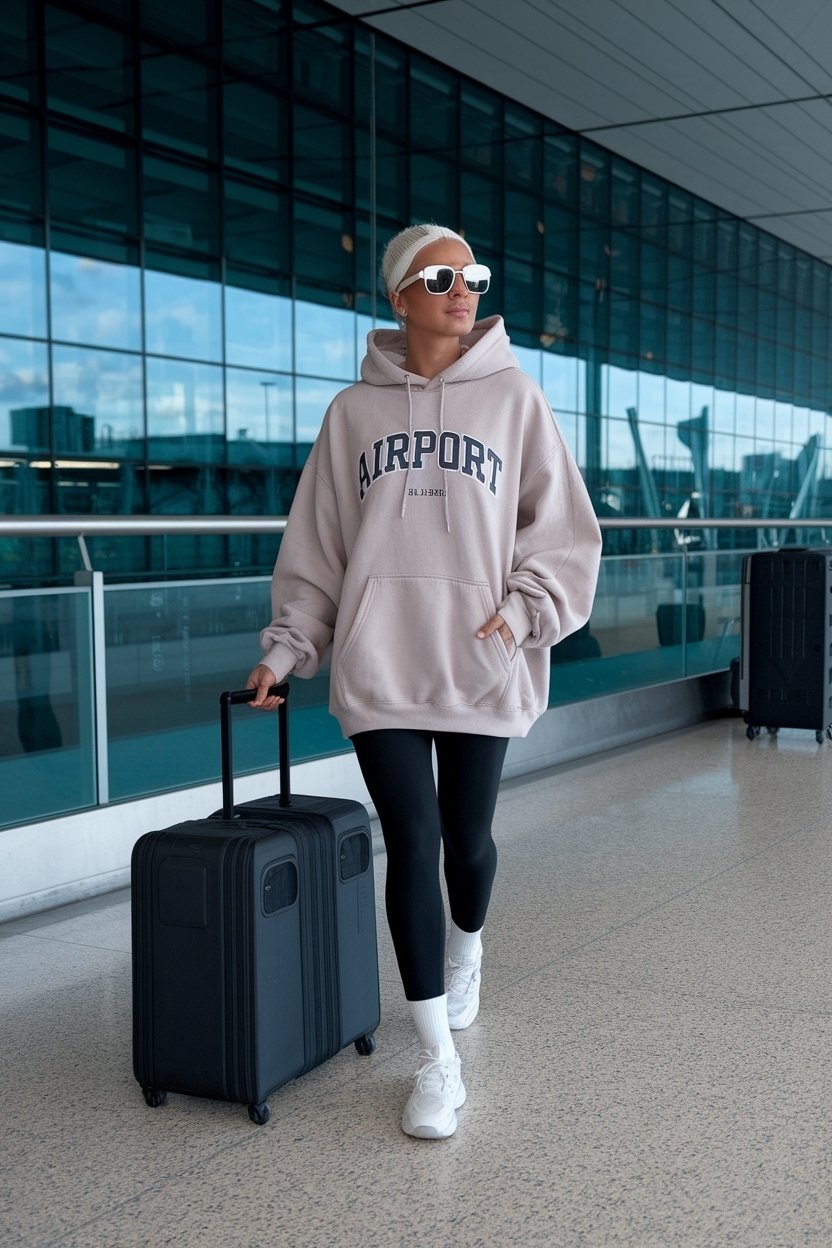 Trendy Oversized Hoodie Outfit for Women at the Airport outfit idea