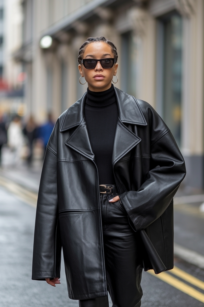 Oversized Leather Jacket Outfit Black Women for Cool Weather outfit idea