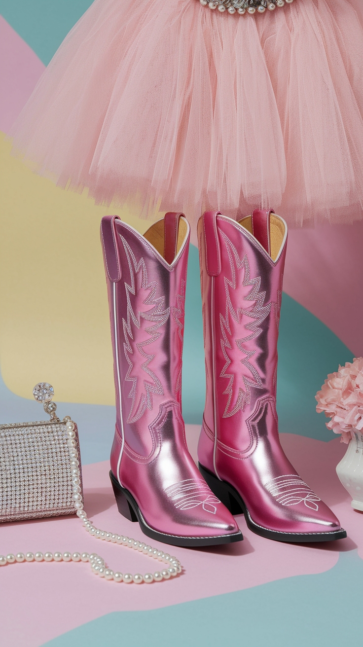 Daring Pink Metallic Cowgirl Boots Outfit Inspiration outfit idea