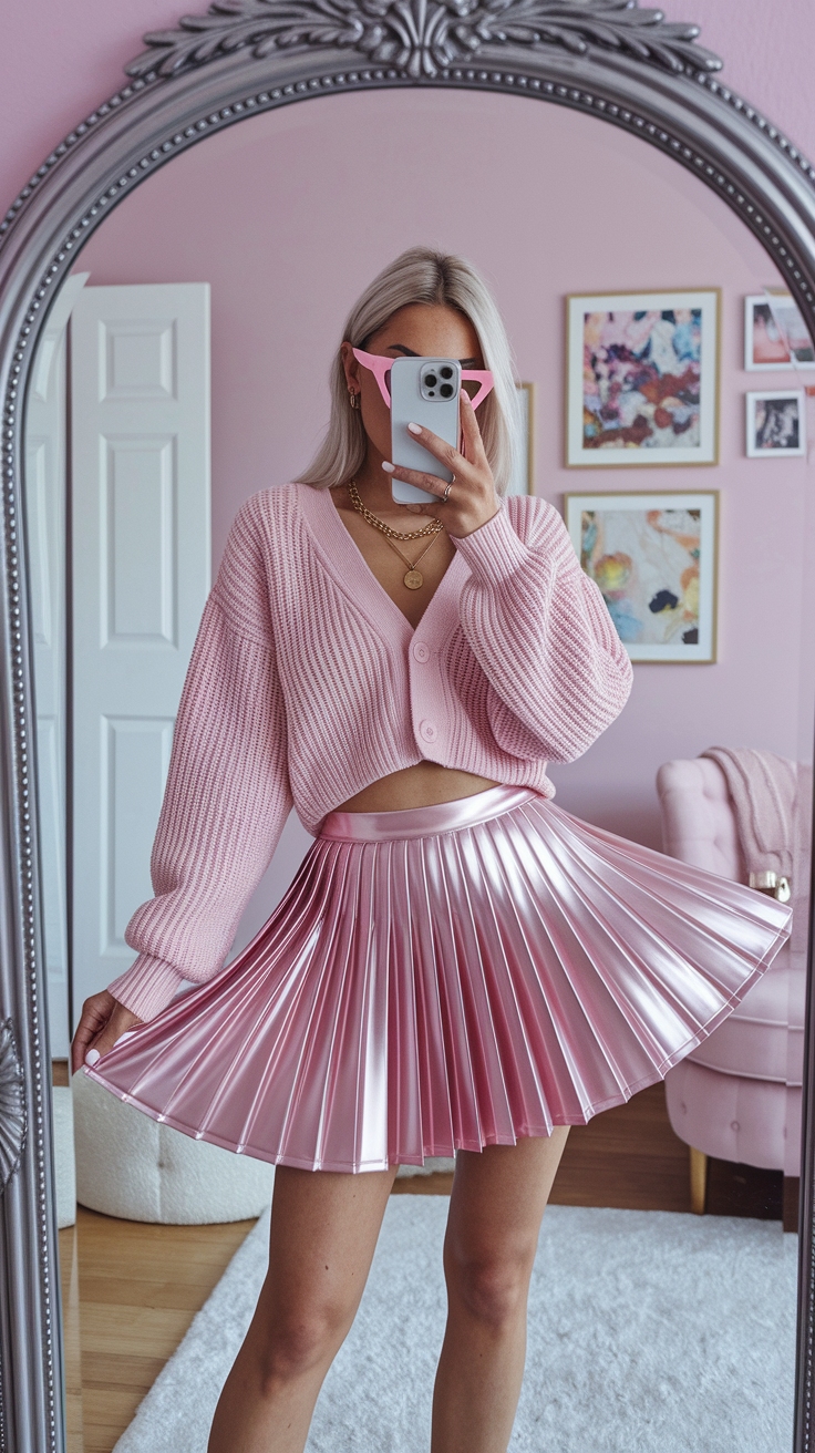 Trendy Pink Metallic Pleated Skirt Outfit Tips outfit idea