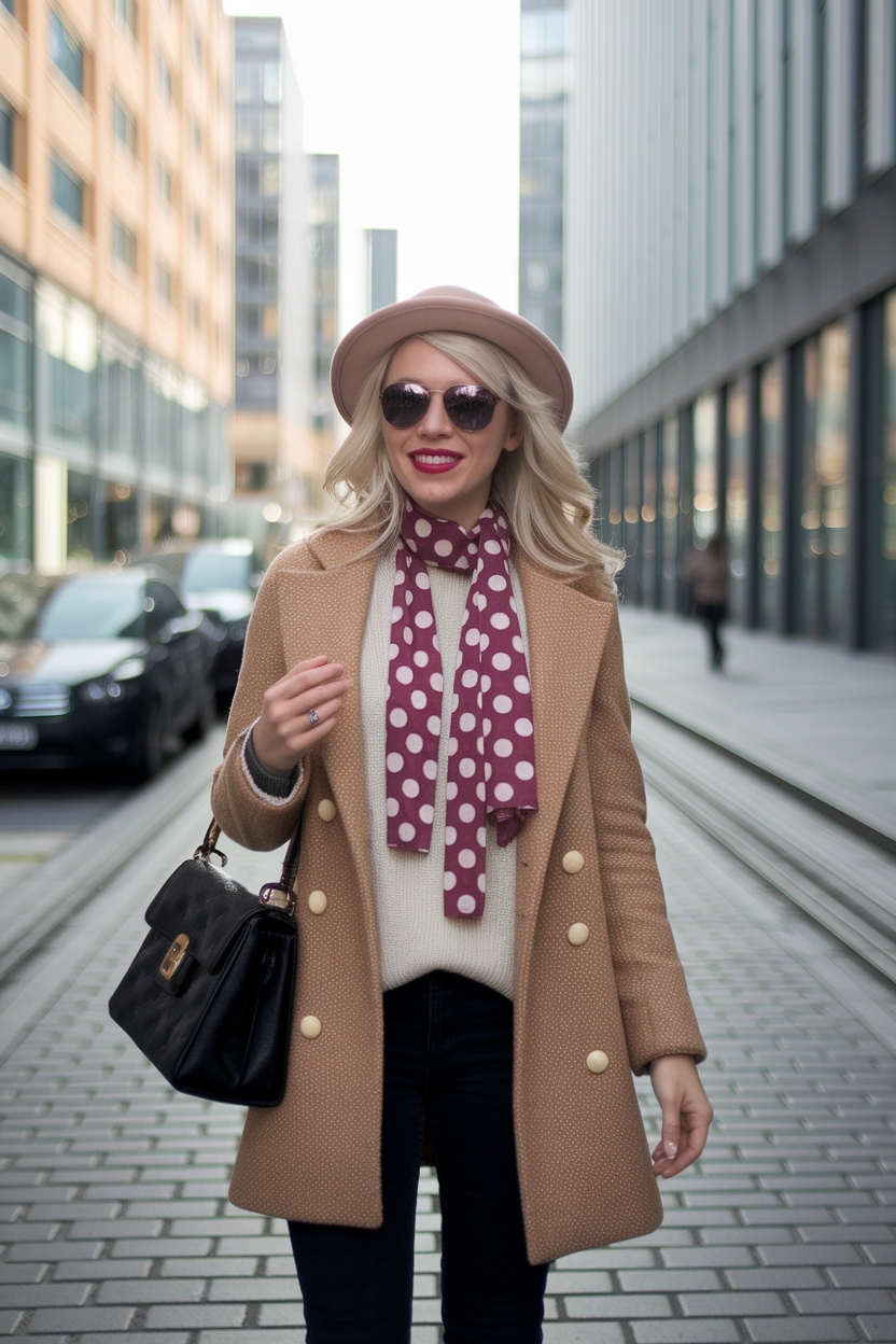 Polka Dot Scarf Outfit for a Fun Winter Look outfit idea
