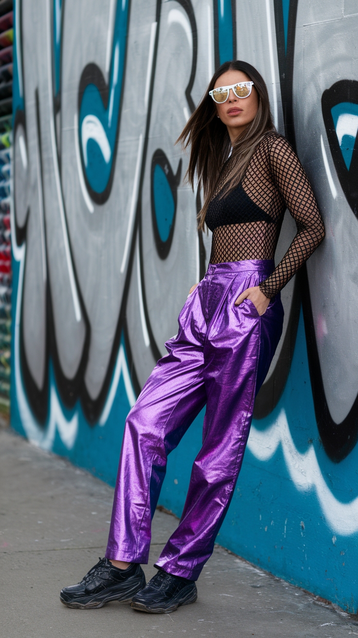 Dressing Up in Purple Metallic Pants for Events outfit idea