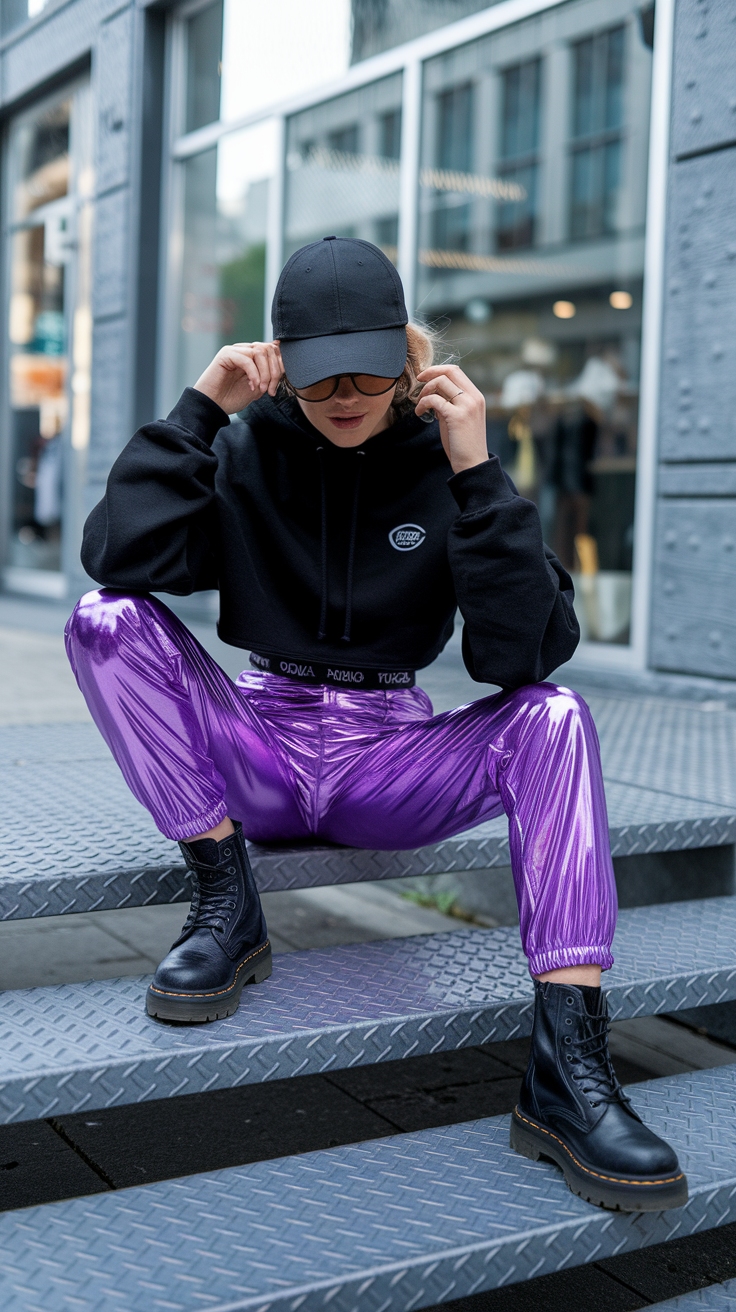 Purple Metallic Pants Outfit for Trendsetters outfit idea