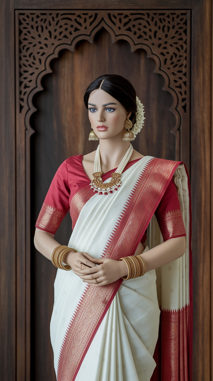 How to Pair Red Blouse with Kerala Saree outfit idea