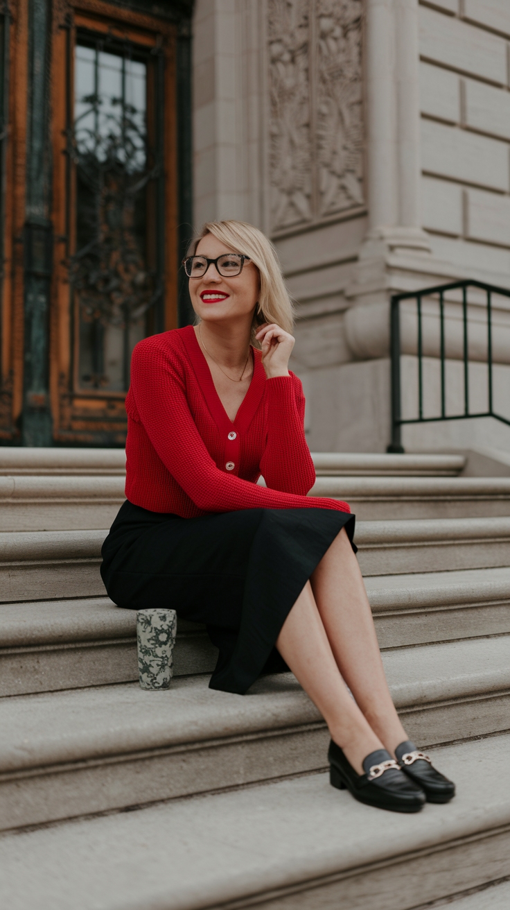 Red Button Up Cardigan Outfit for Cozy Days outfit idea
