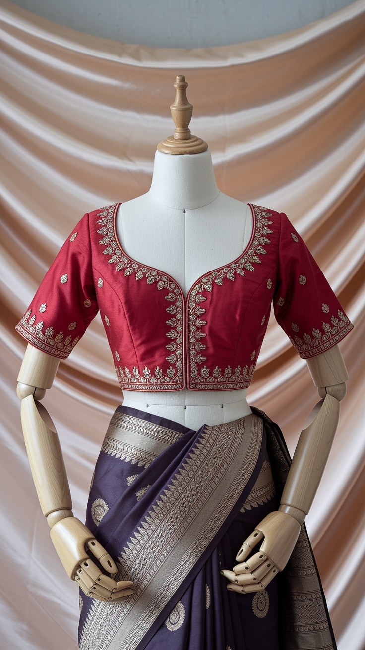 Flaunting Red Colour Blouse Maggam Work with Elegance outfit idea