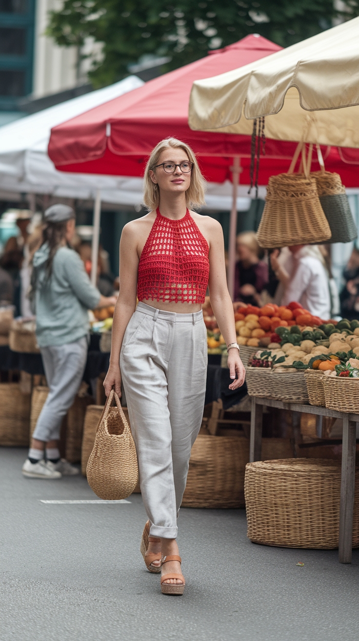 Trendy Red Crochet Top Outfit for Summer outfit idea