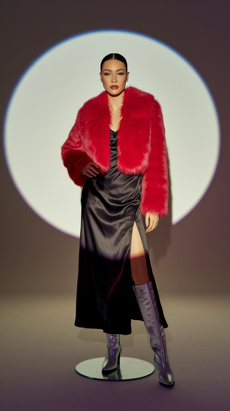 Cozy Up in a Trendy Red Faux Fur Coat This Winter outfit idea