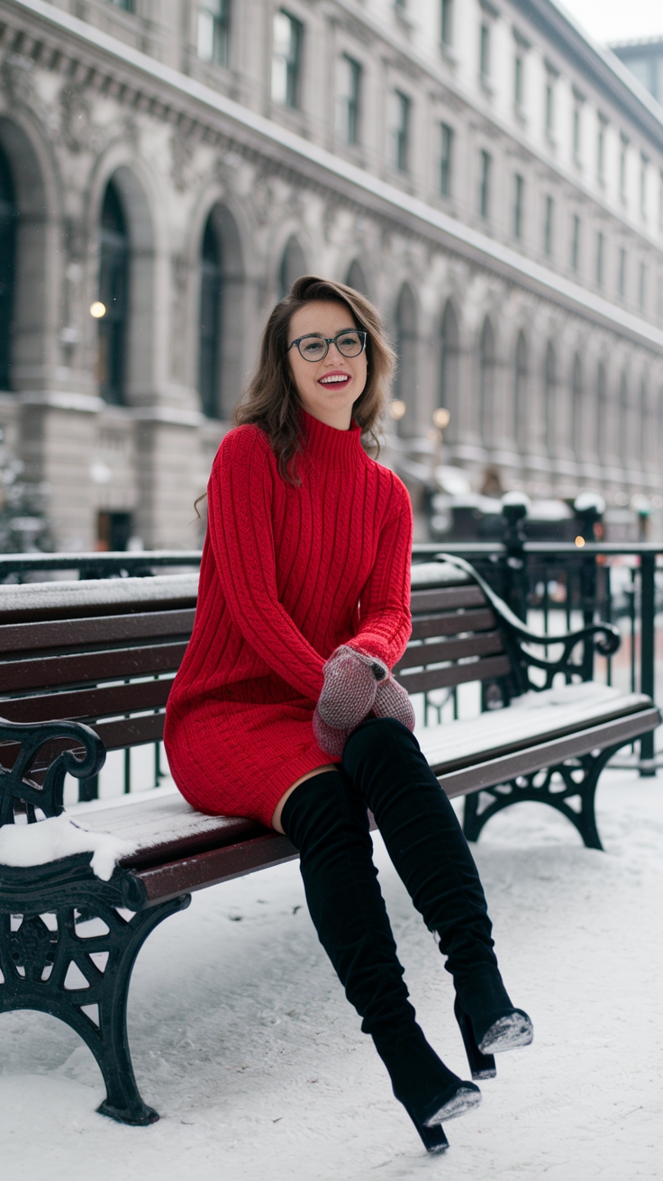 Red Knit Dress Outfit Winter: Warm and Fashion-Forward outfit idea