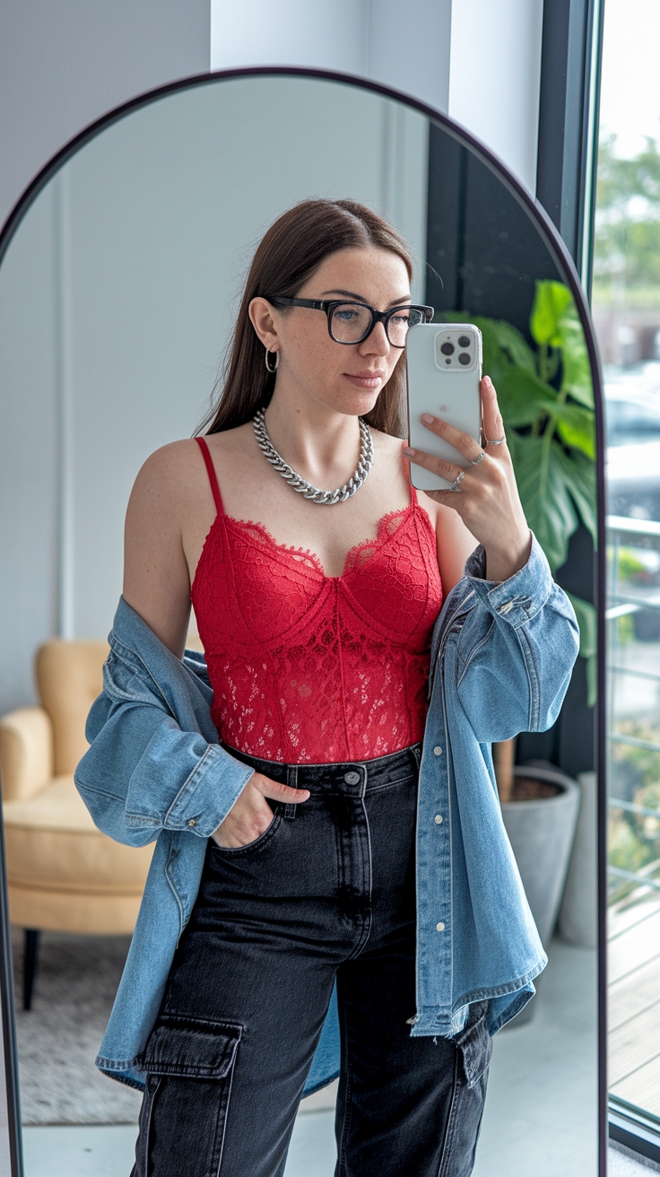Casual Vibes: Red Lace Tank Top Outfit outfit idea
