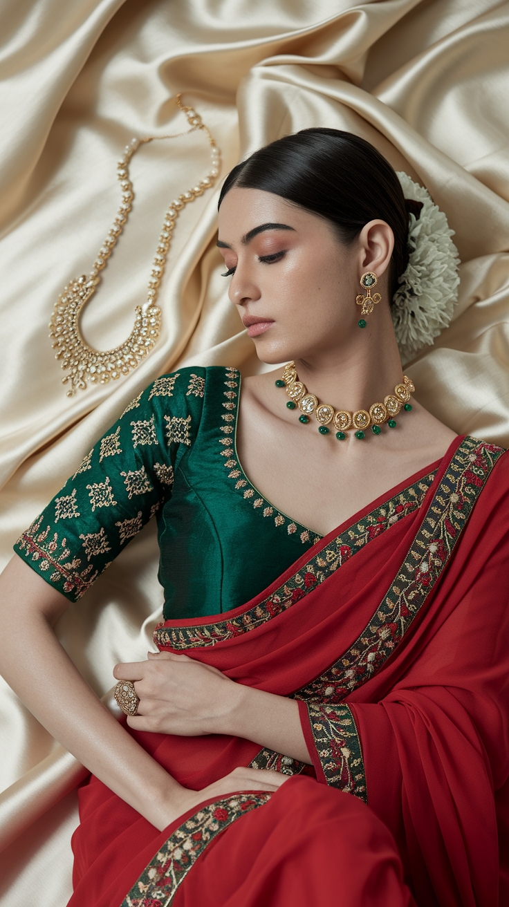 Pairing a Red Saree and Green Blouse for Contrast outfit idea