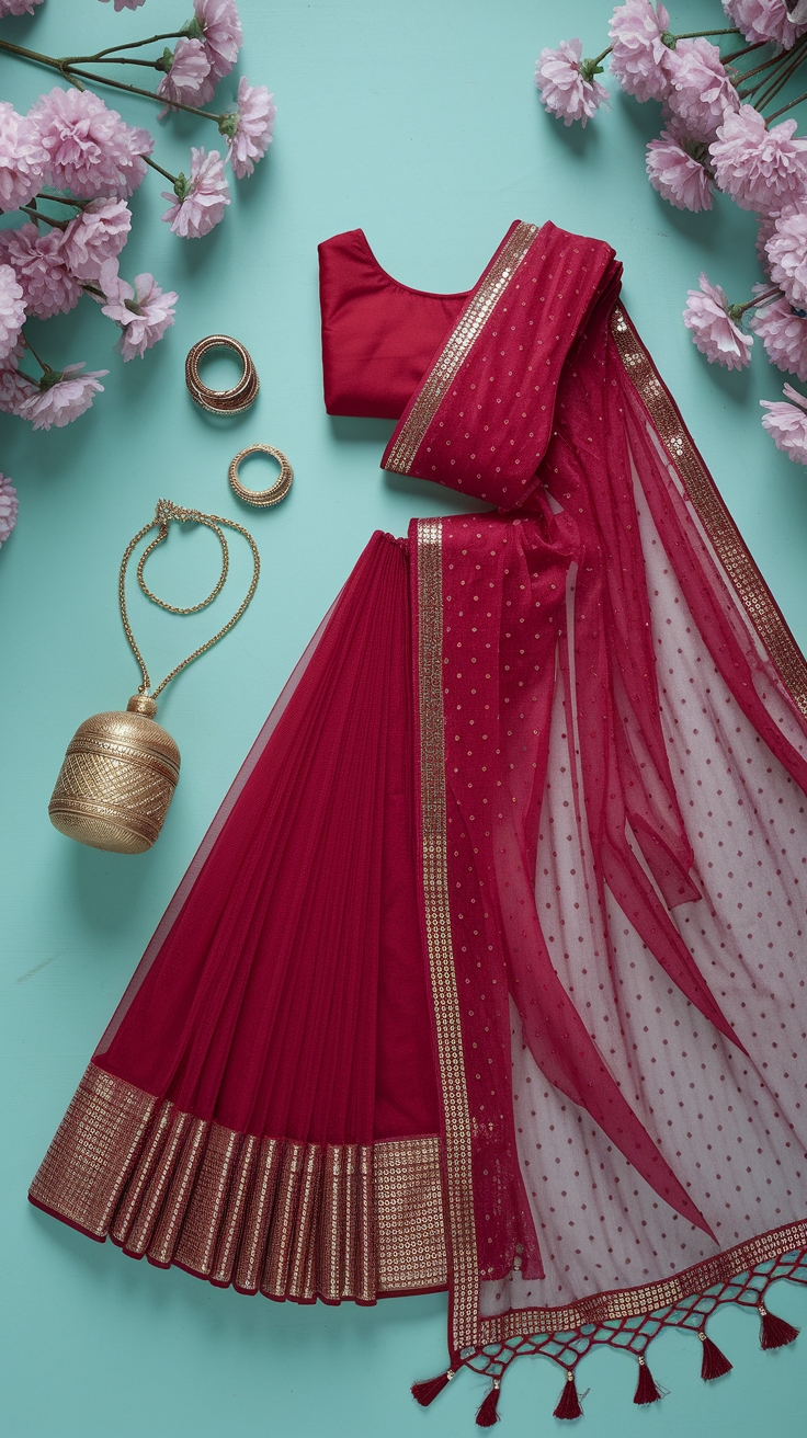 Choosing the Perfect Red Saree with Dupatta for Festivities outfit idea