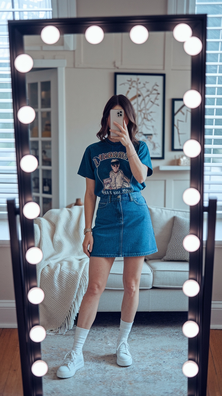 Chic Retro Denim Skirt Outfit Ideas outfit idea