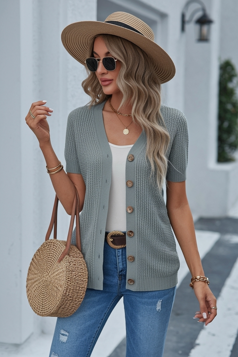Short Sleeve Button Up Cardigan Outfit Women for Summer Days outfit idea