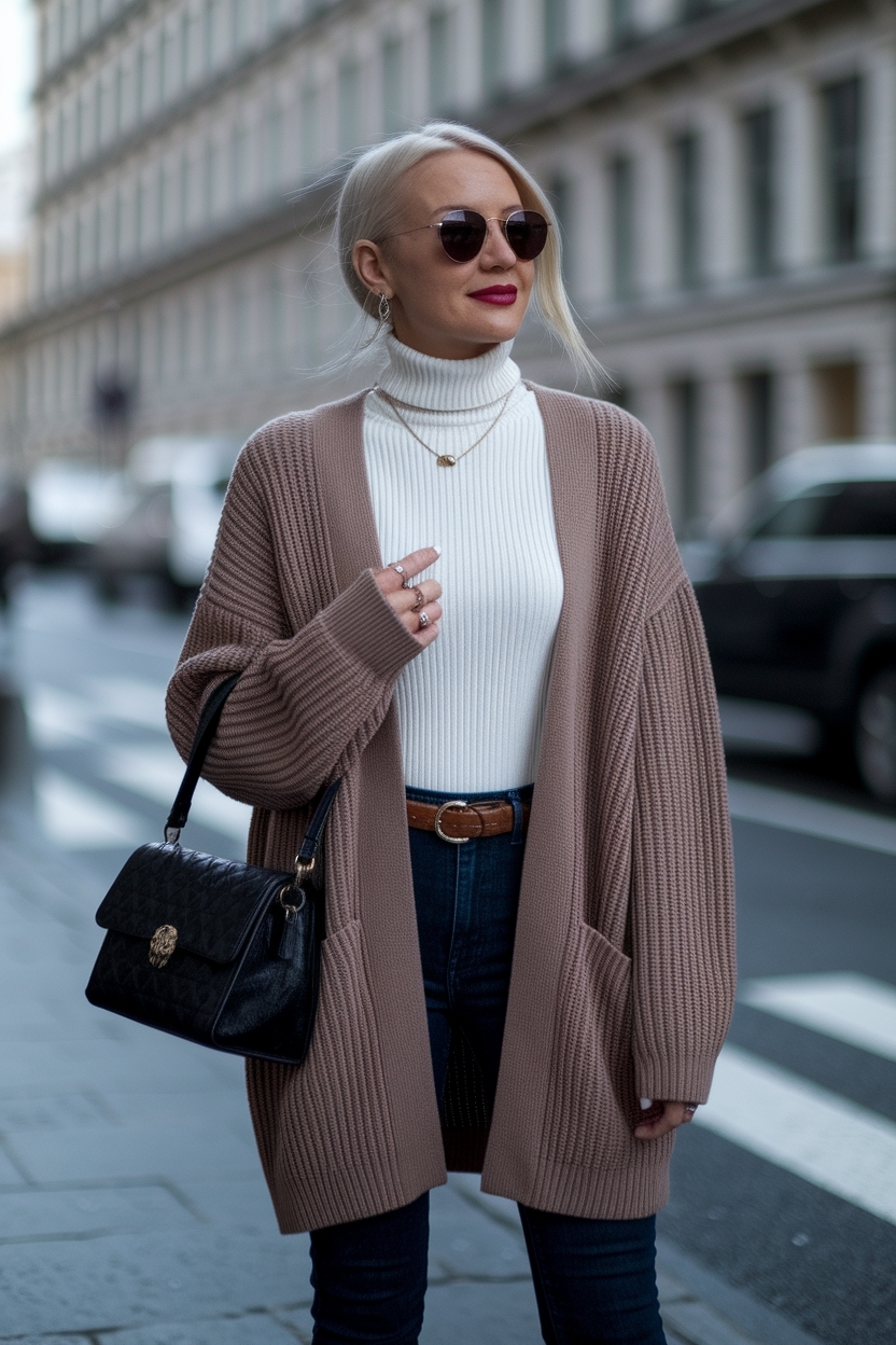 Turtle Neck Cardigan Outfit Women: Cozy and Classy Looks outfit idea