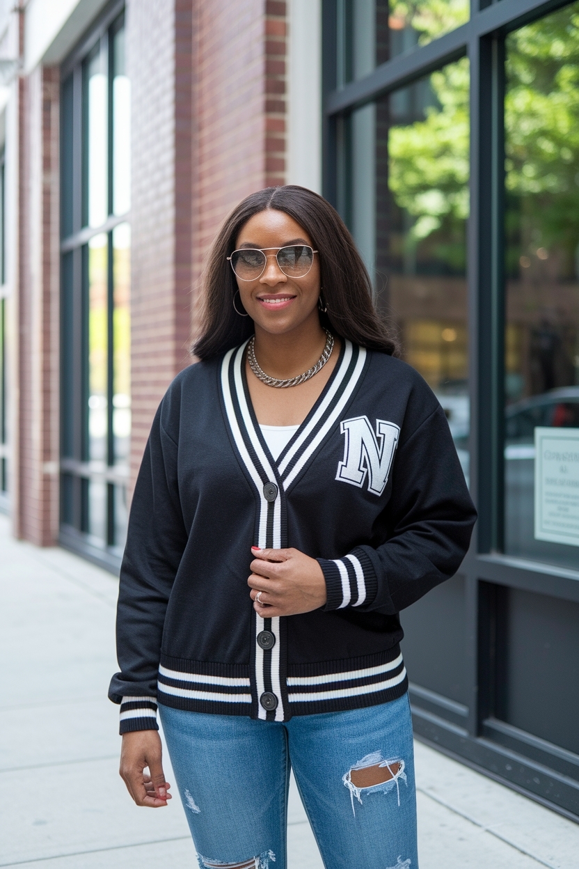 Chic Varsity Cardigan Outfit Options for Black Women outfit idea