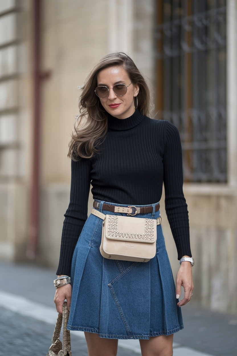 Waist Coat Outfit Women with Denim Skirt Inspiration outfit idea