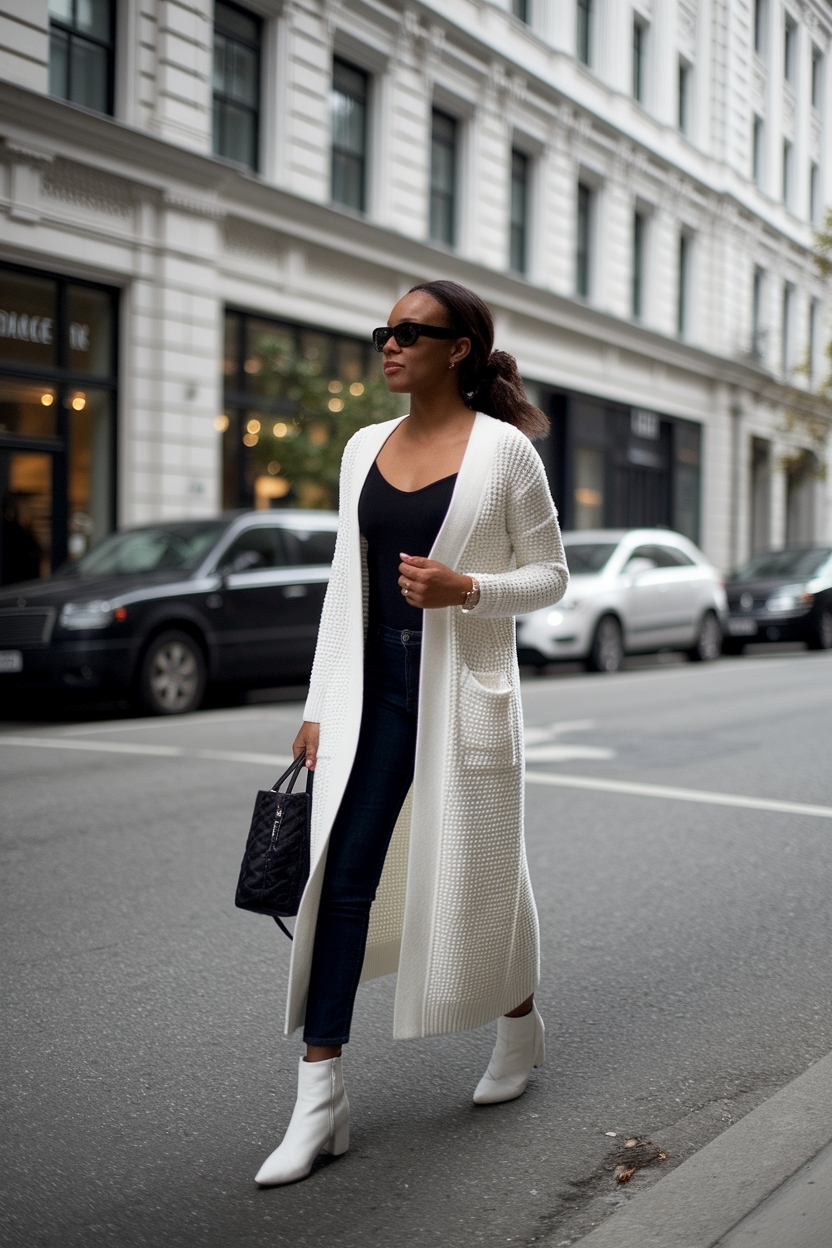 Elegant White Long Cardigan Outfit for Black Women outfit idea