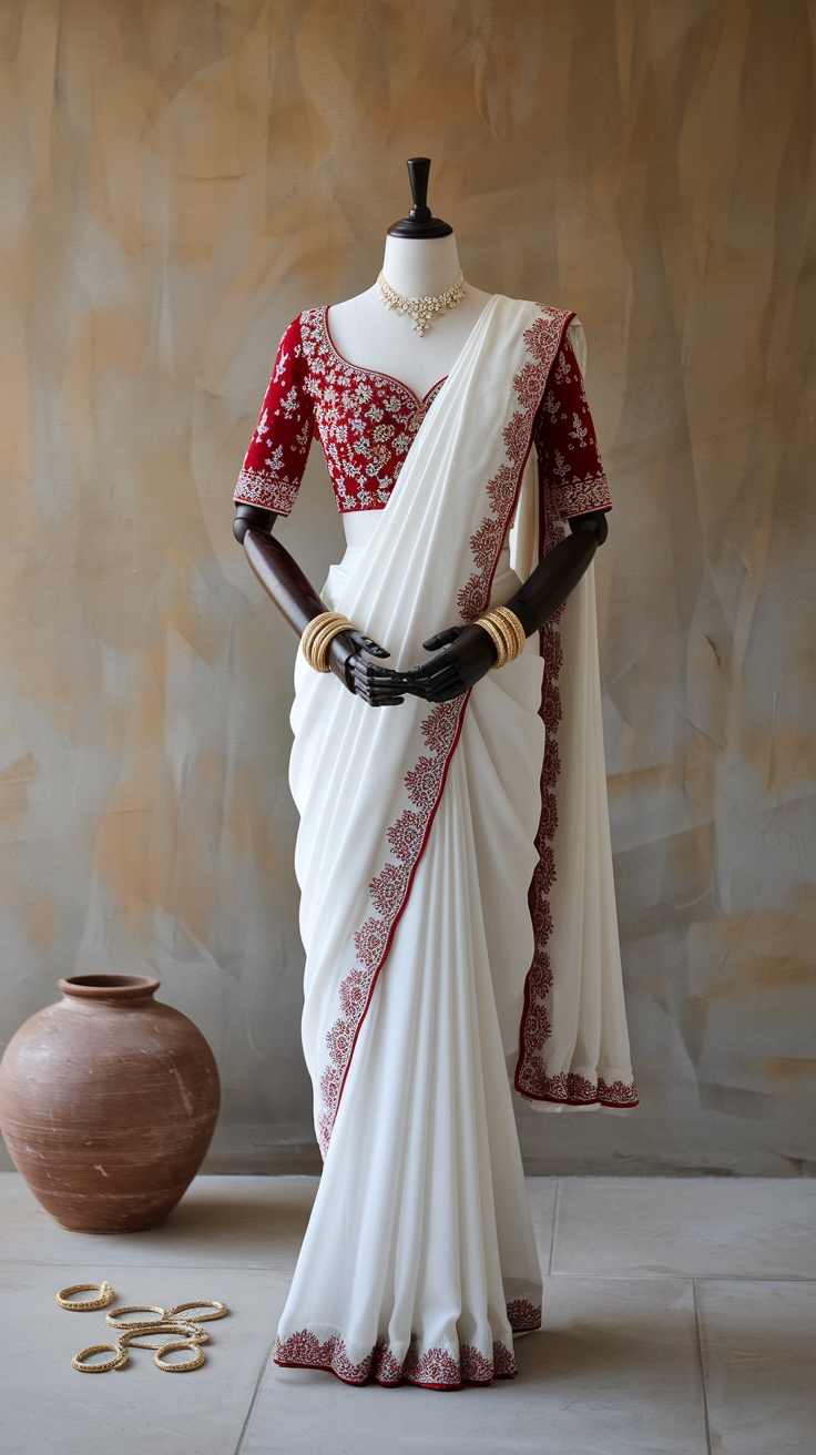 White Saree with Red Blouse Combos for Festive Looks outfit idea