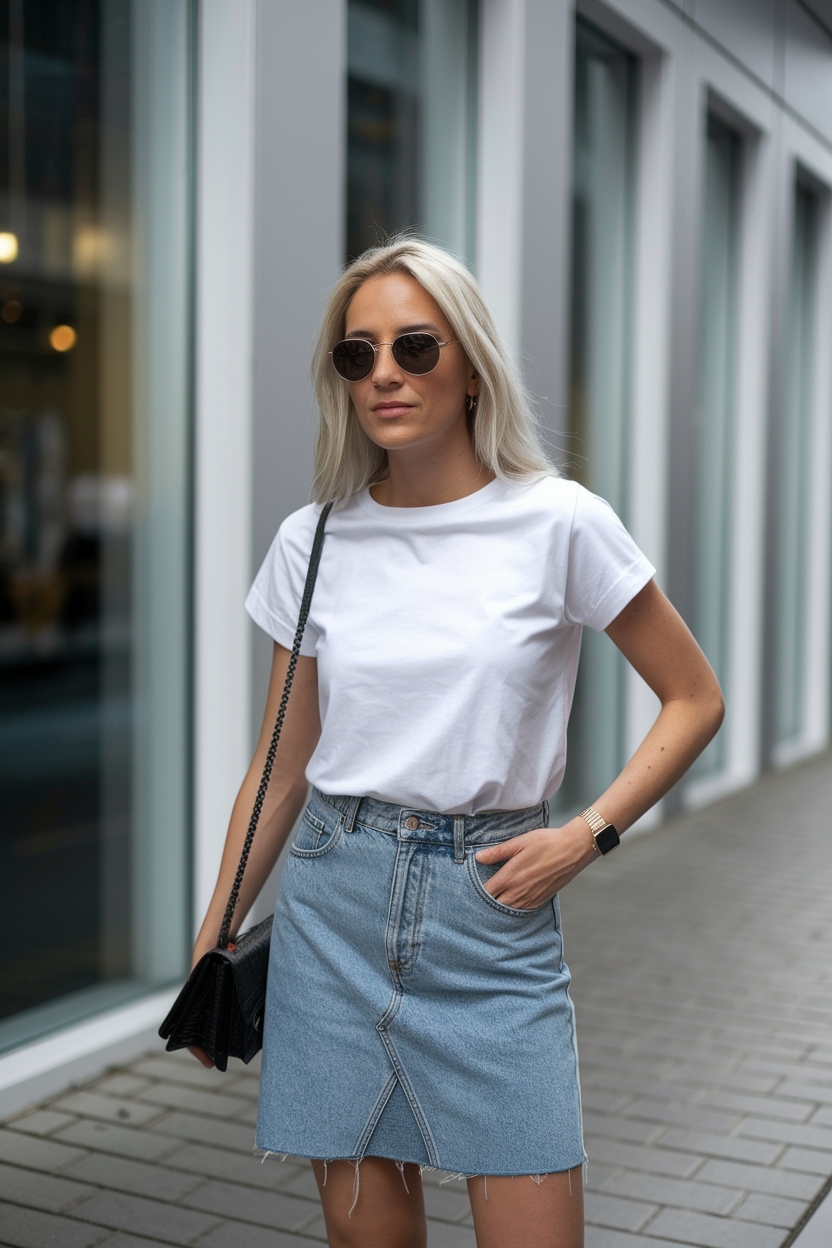 White T-shirt Denim Skirt Outfit Women Essentials outfit idea