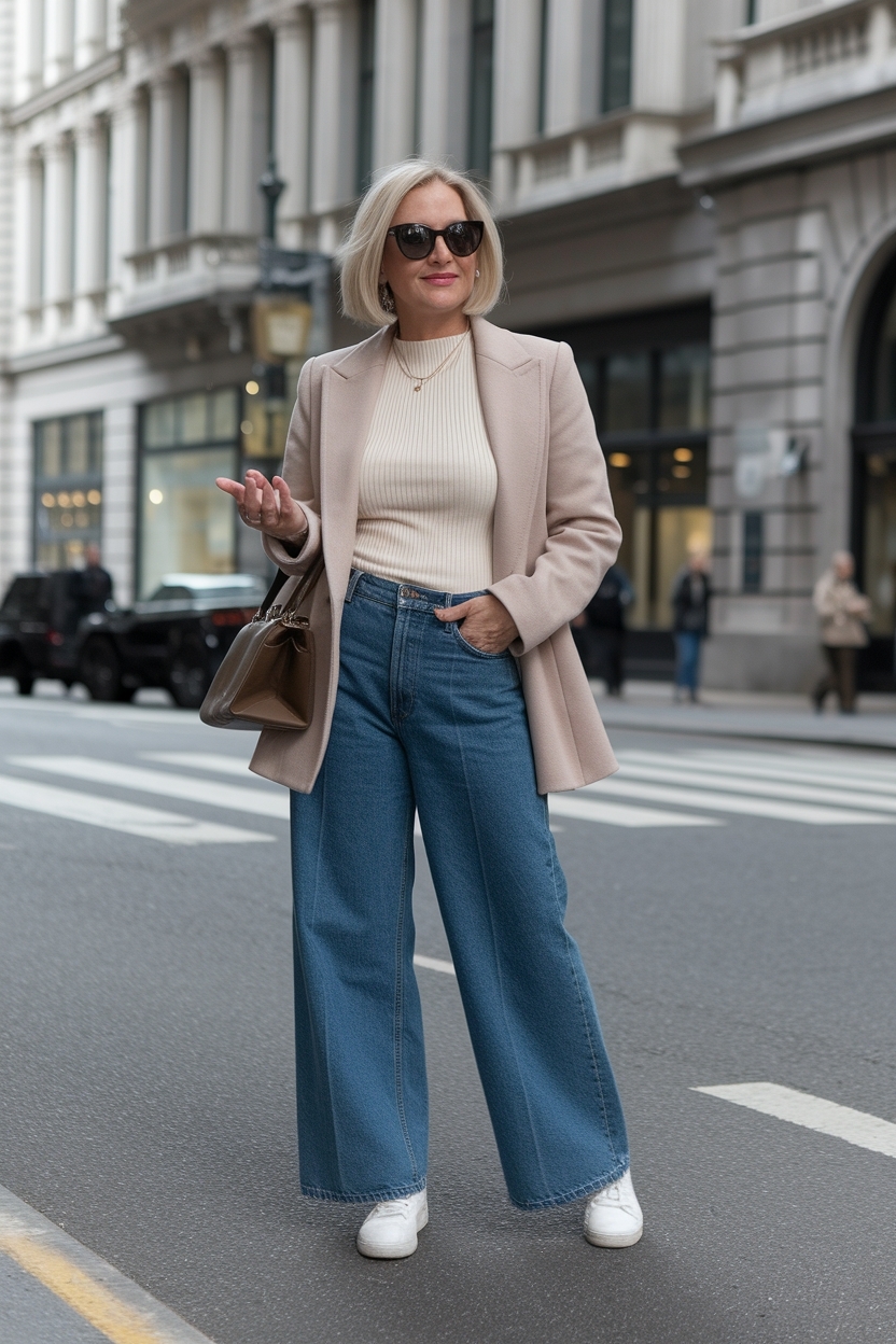 Wide Leg Jeans Outfit Over 40 Women Casual Style Guide outfit idea